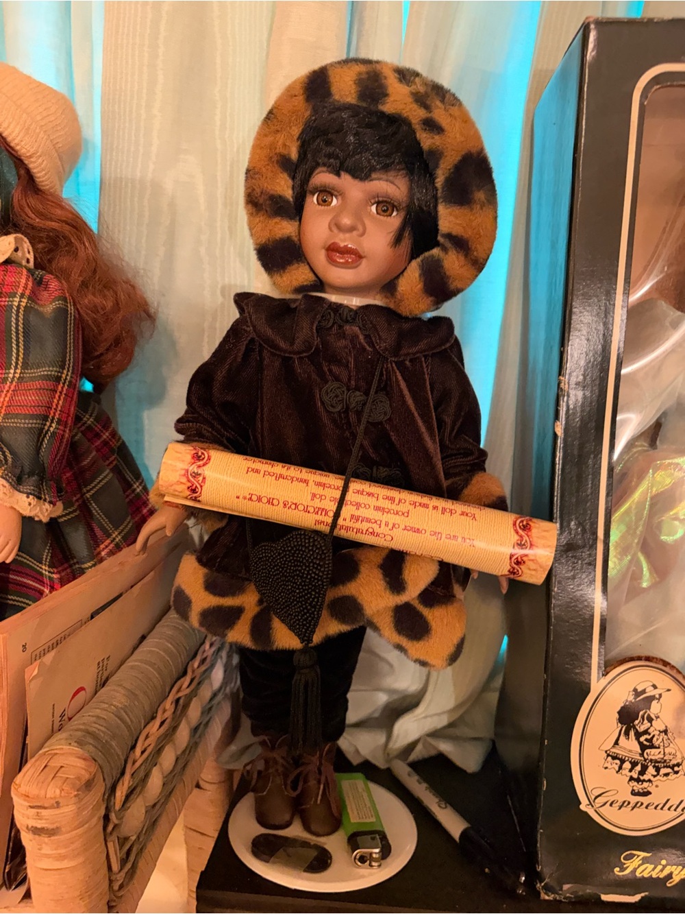 Plush Leopard-Print Hooded Doll Coat for Kids Toys - Brown